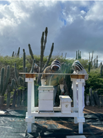 Hive stand with two beekeepers among Aruba's cacti and desert landscape