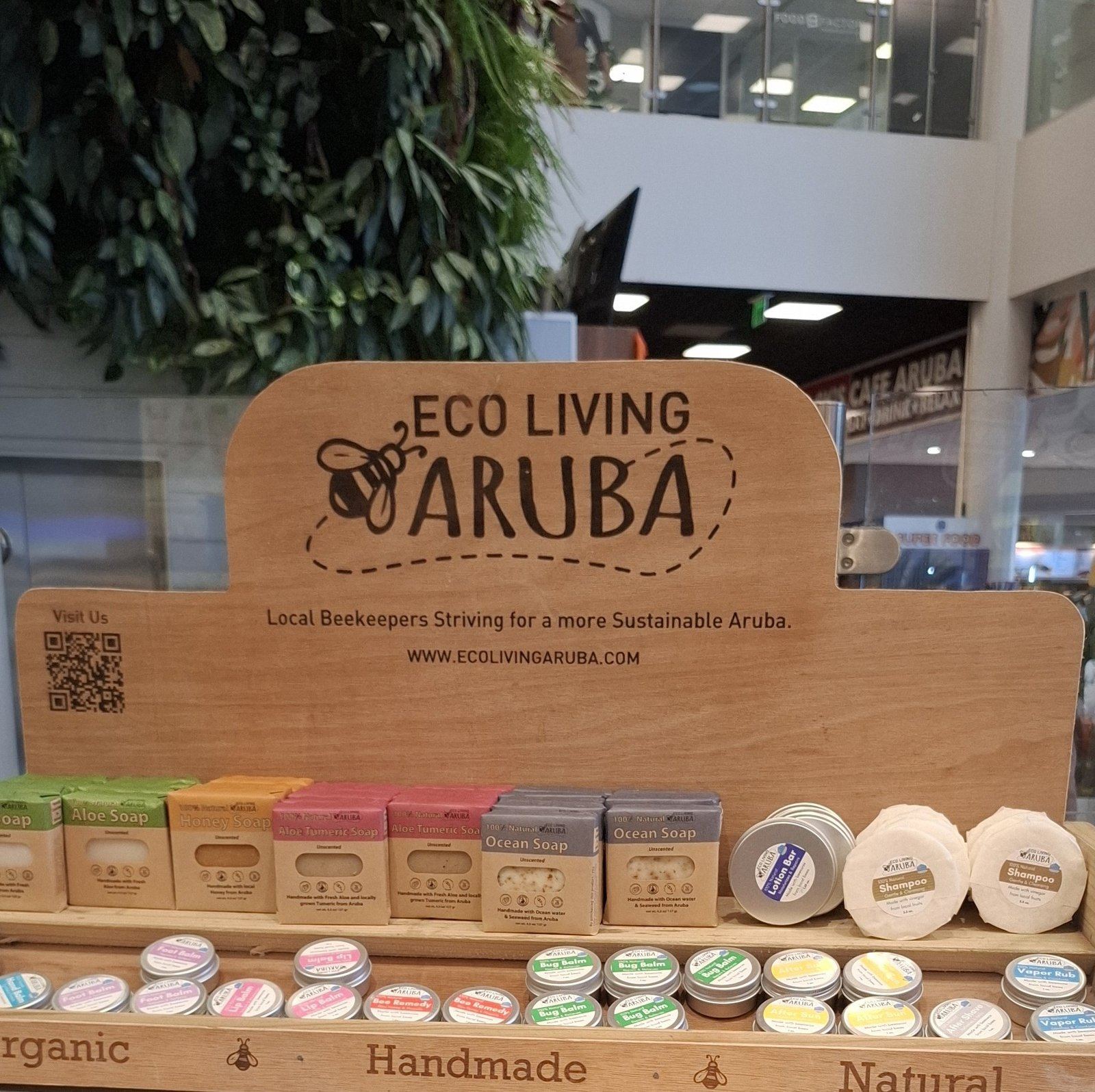 Eco Living Aruba product display with handmade soaps and balms inside Bliss Superfood at Super Food Plaza, Aruba